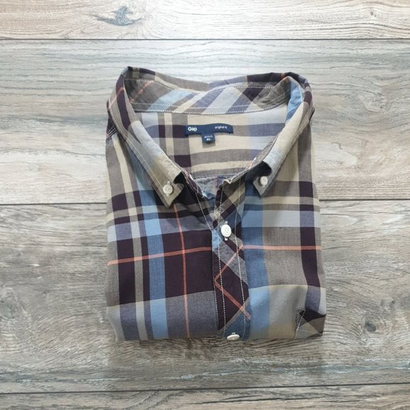 Gap Men XL Short Sleeve Shirt Casual Cotton Blue Brown Plaid Vacation Travel - Picture 10 of 10